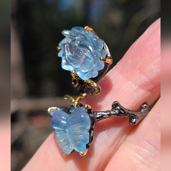 Aquamarine Butterfly & Flower Sterling Rhodium & Gold Ring Sz9 Adjustable - Picture 7 of 13